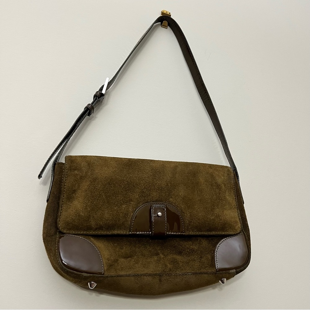 Maxx New York Leather Suede Shoulder Bag handheld purse boxy 90s y2k olive green